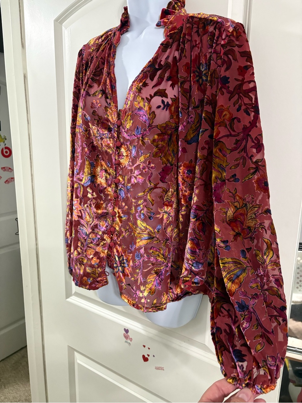Anthropologie Estela Floral Burnout Velvet Blouse Burgundy Medium NWOT - Picture 5 of 9